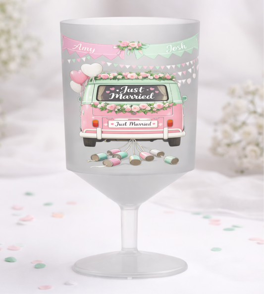 Branded reusable wine cup with custom printed design, personalised plastic wine glass for events and weddings