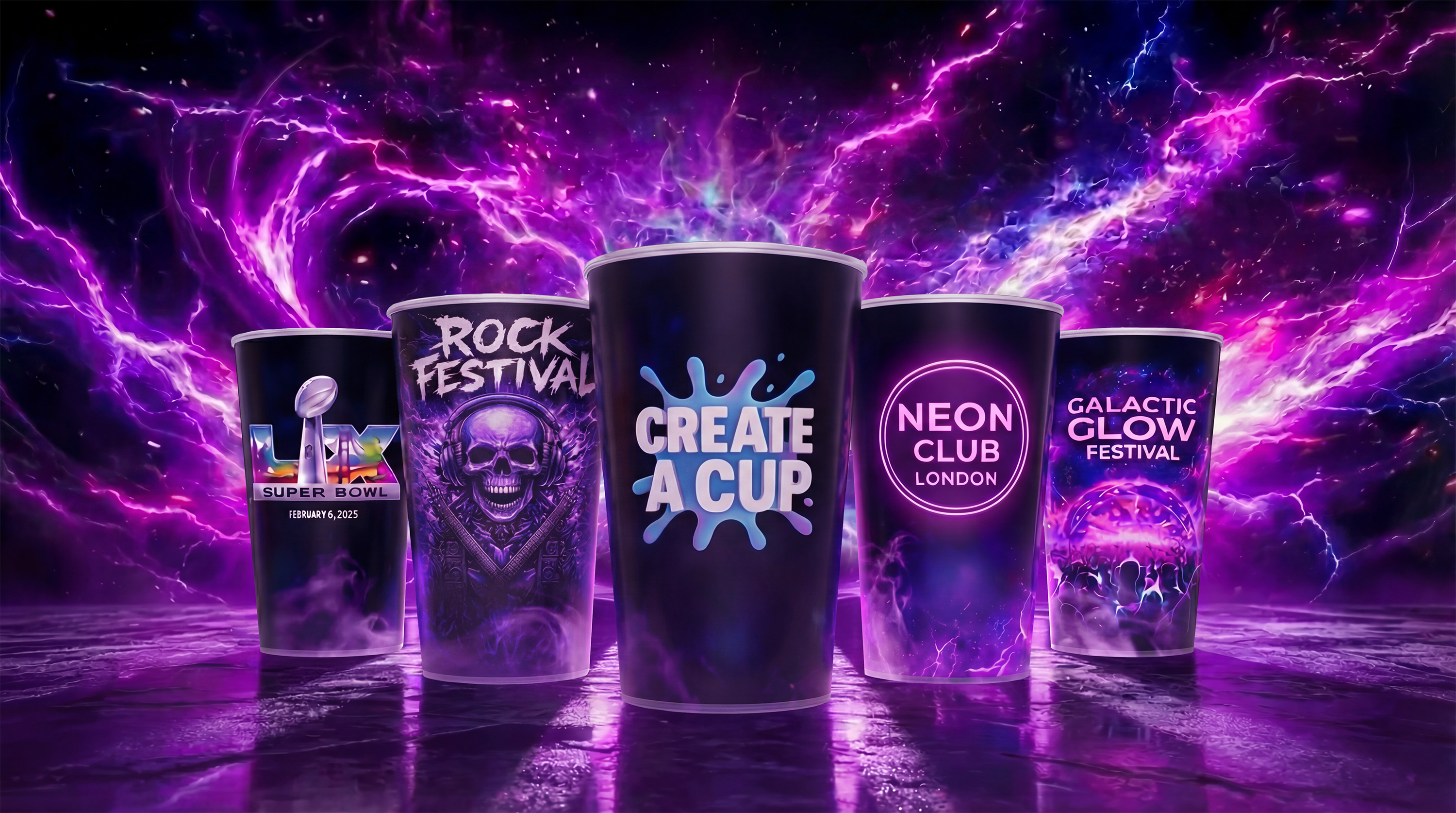 Reusable branded festival cups with custom full-colour IML printed designs by Create A Cup