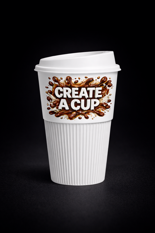 Reusable coffee cup with Create A Cup logo and full-colour IML print on white cup