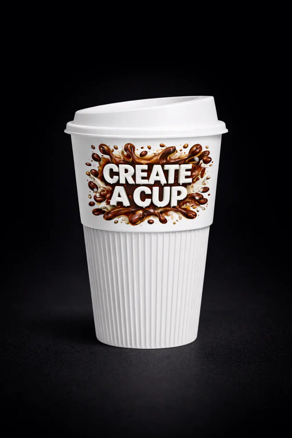 Reusable coffee cup with Create A Cup logo and full-colour IML print on white cup