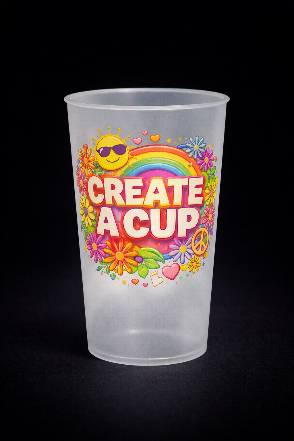Reusable branded cup with colourful Create A Cup logo and full-colour IML print