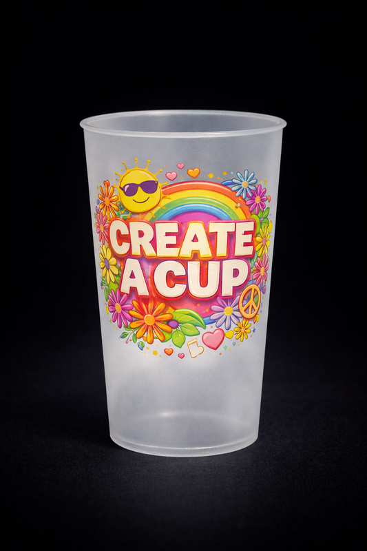 Reusable branded cup with colourful Create A Cup logo and full-colour IML print