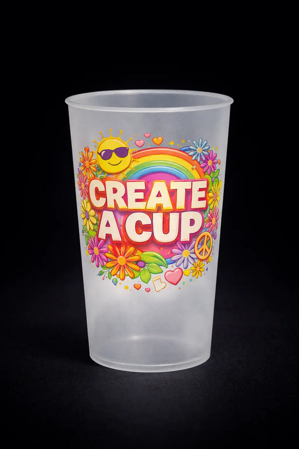 Reusable branded cup with colourful Create A Cup logo and full-colour IML print