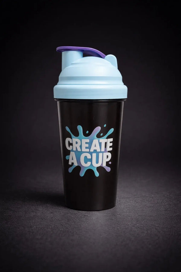 Custom reusable protein shaker bottle with Create A Cup logo, light blue lid and purple handle