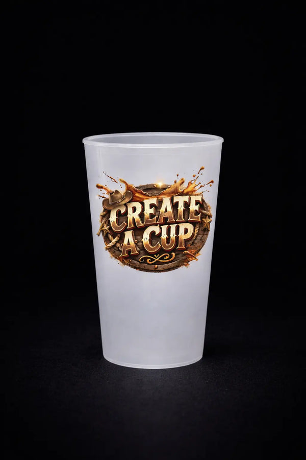 Reusable plastic pint cup with Create A Cup western logo, full colour IML print, frosted polypropylene, black background product image UK