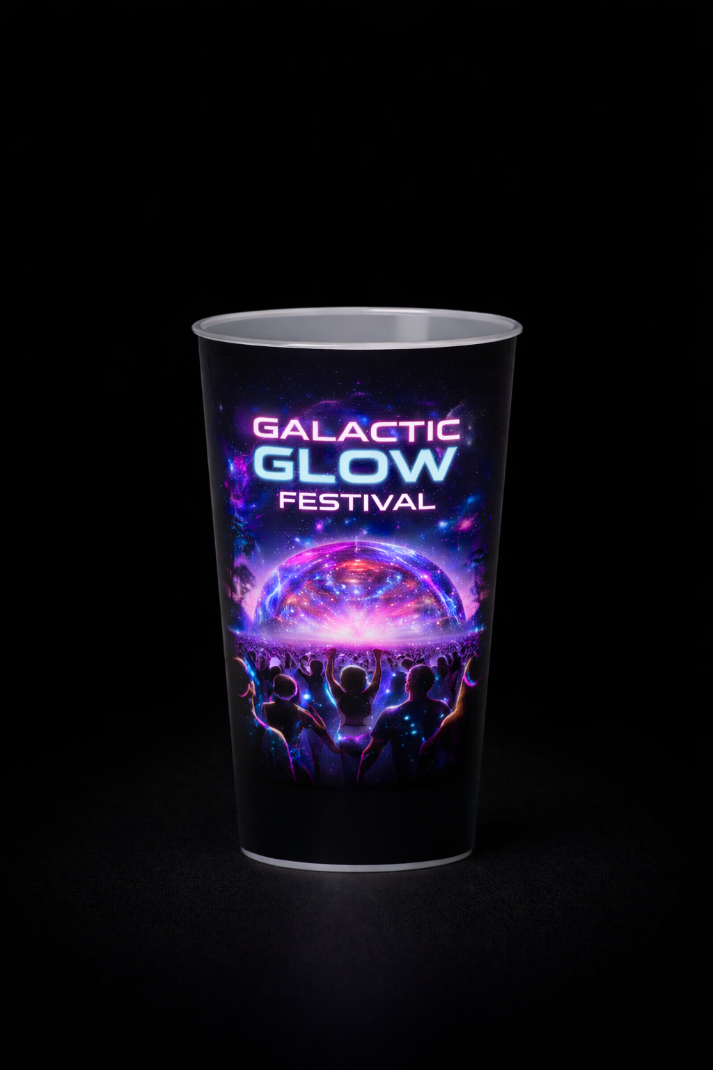 Reusable festival cup with Galactic Glow Festival design and full-colour IML print
