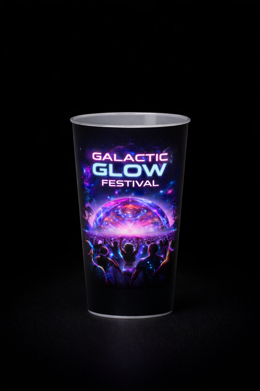 Reusable festival cup with Galactic Glow Festival design and full-colour IML print