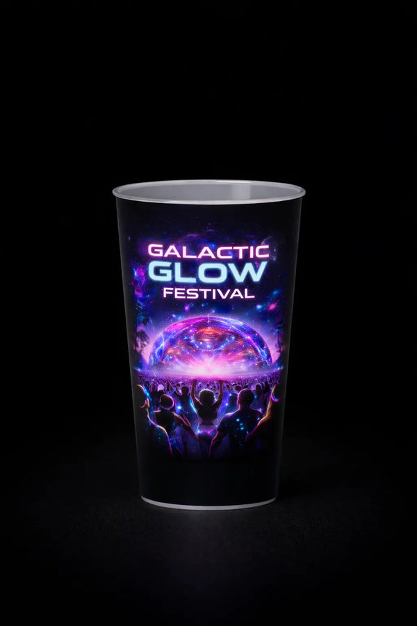 Reusable festival cup with Galactic Glow Festival design and full-colour IML print
