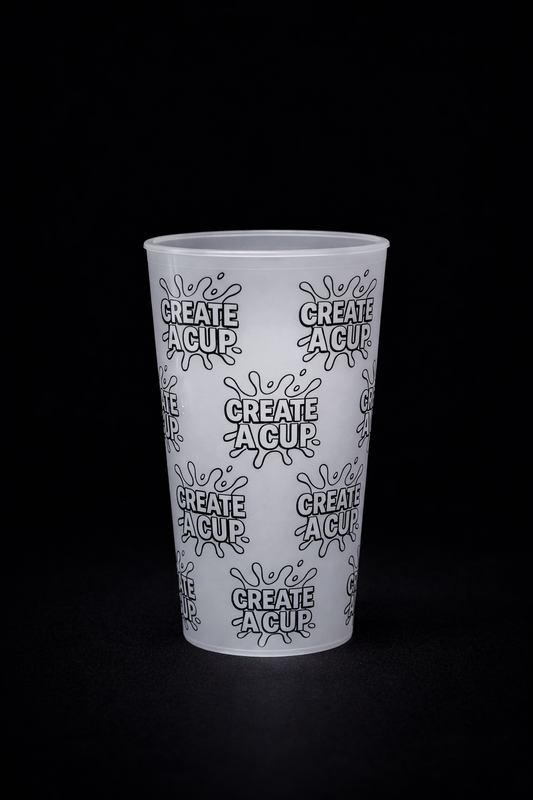 Close-up of frosted branded cup with Create A Cup logo and single-colour IML print