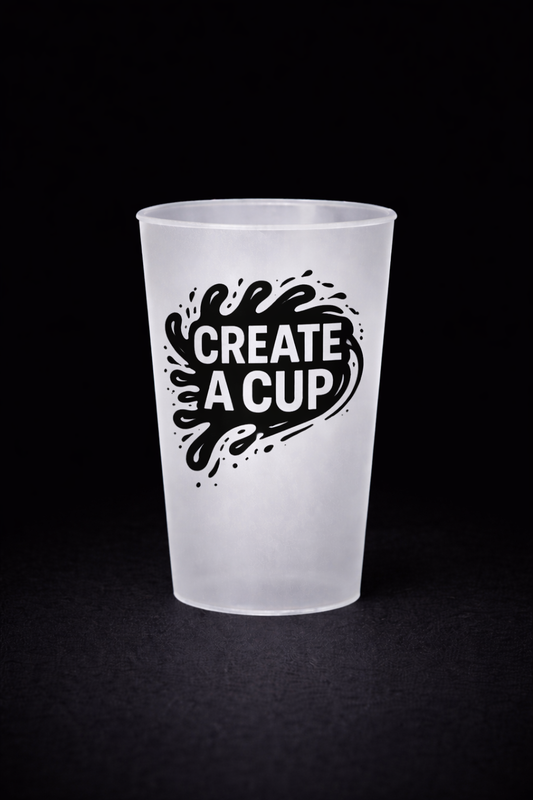 Reusable branded cup with Create A Cup logo and single-colour IML print